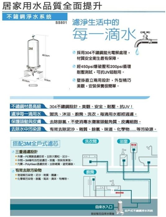 北台灣淨水竹北門市 含安裝 3M 全戶式 不鏽鋼 淨水系統 SS801 若需安裝 請先洽詢