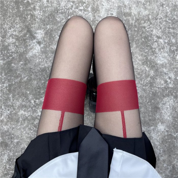褲襪絲襪 假吊帶絲襪紅邊襪子性感連褲襪女超薄款黑絲紅色打底襪子MR053