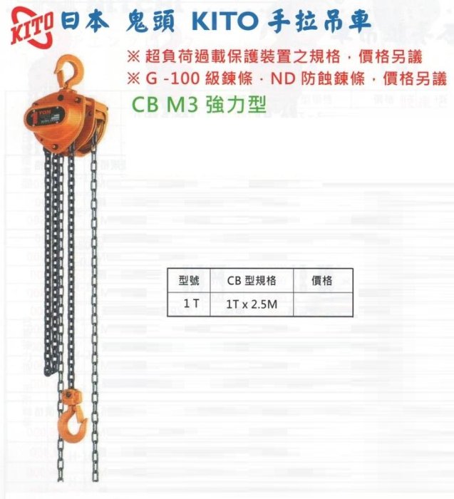 日本 鬼頭 KITO 手拉吊車 CB M3 強力型 CB-1T 規格：1T *2.5M