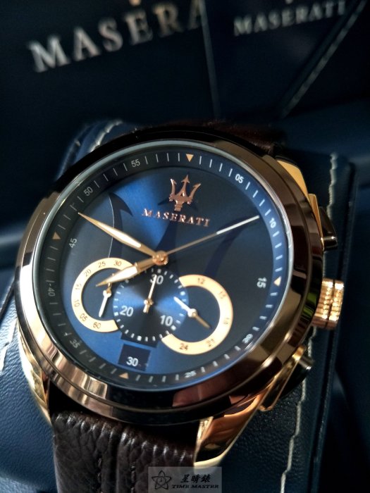瑪莎拉蒂手錶MASERATI手錶TRAGURDO款，編號:R8871612024,寶藍色錶面深咖啡色皮革錶帶款