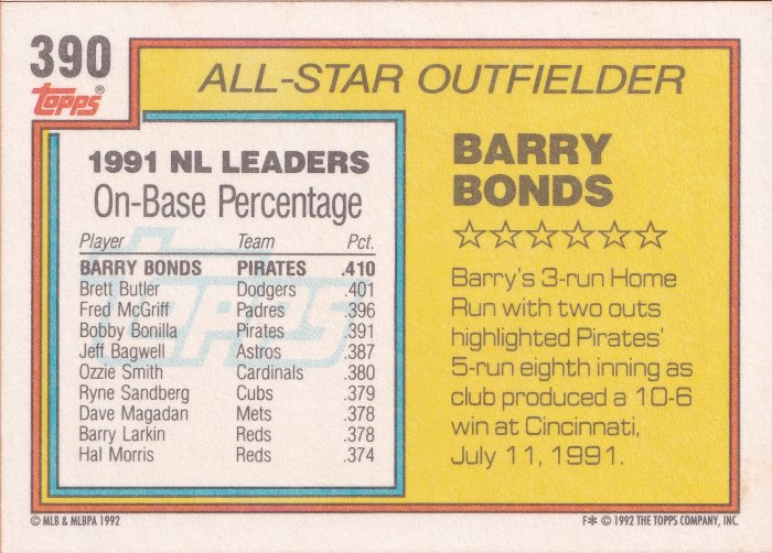 1992 Topps Barry Bonds #390 all star outfielder Pirates