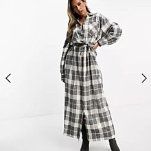 (嫻嫻屋) 英國ASOS-灰色格紋襯衫領長袖腰部綁帶長裙洋裝EJ23