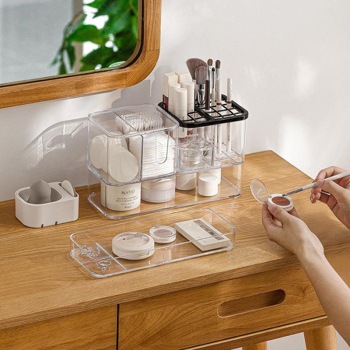 現貨桌面透明塑料化妝品收納盒組合套裝批發網格盒棉簽整理收納盒