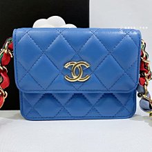 遠麗精品(板橋店)S3061 CHANEL 灰藍羊皮金釦混彩絲帶腰鍊包