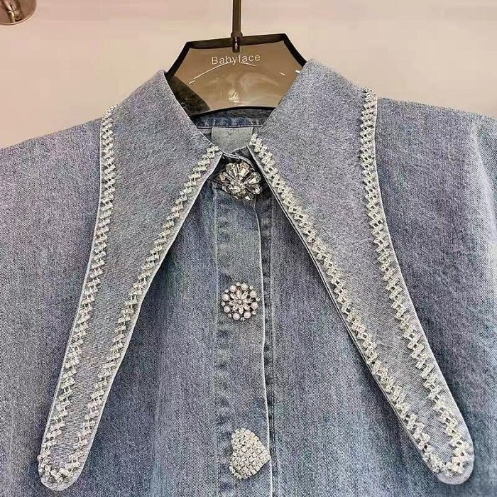 設計款🍊韓國重工鑲鑽個性領結牛仔襯衫