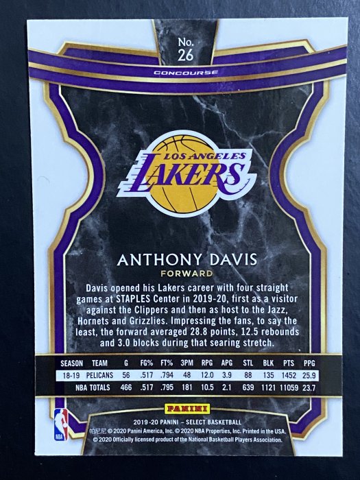 第一年湖人球衣 Anthony Davis 19-20 Select Concourse #26