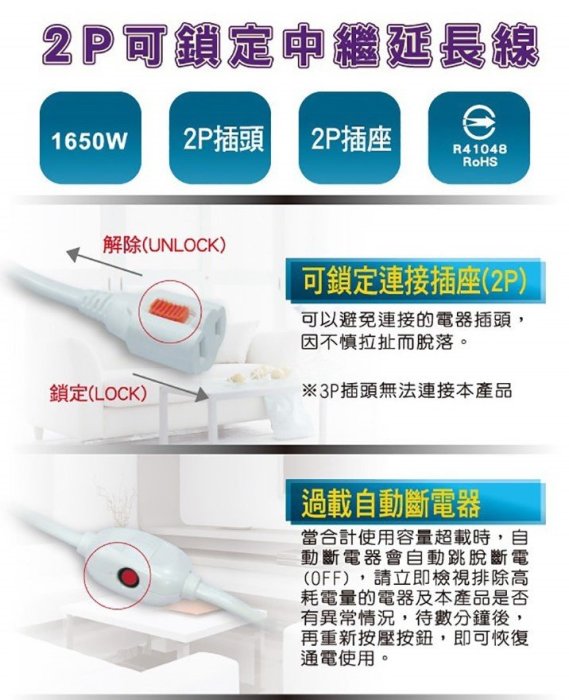 小白的生活工場*FJ SH4309 安全達人 SP-7312 2P可鎖定中繼延長線(3.6m)