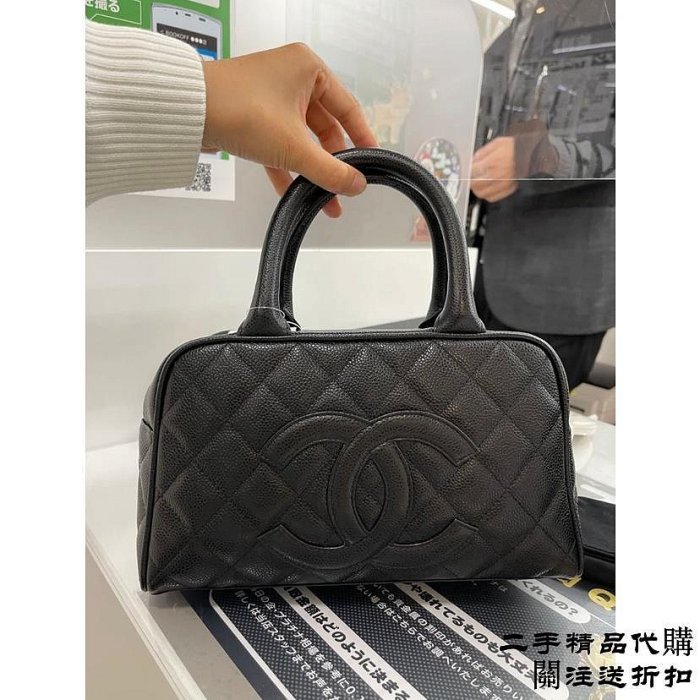 二手精品代購CHANEL 新款 希爾頓 保齡球 手提包 菱格紋 黑色 CC手提袋 魚子醬 拉鏈 肩背包as3034