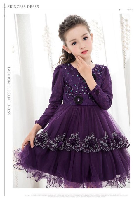 韓版女童紫色色禮服 蓬蓬裙 公主裙 畢業季演出服 鋼琴演奏 花童 長袖禮服 洋裝紗裙