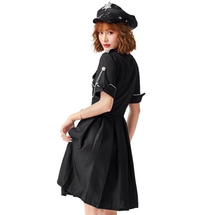 成人職業制服cosplay服裝 萬圣節服裝日系黑色短袖巡查女警連衣裙