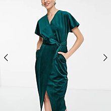 (嫻嫻屋) 英國ASOS-Closet 知性高雅OL名媛祖母綠天鵝絨交叉V領和服寬袖及膝裙洋裝禮服 AB24