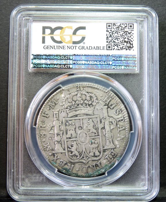 (財寶庫)1793年M0記西屬墨西哥卡洛斯8Reeles雙柱銀幣【PCGS金盾鑑定VF Genuine】請保握機會。