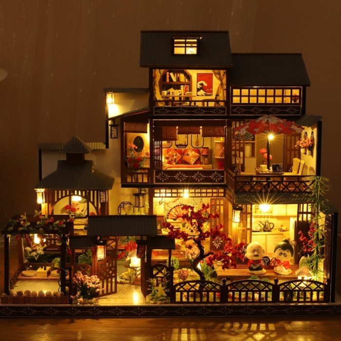 Diy小屋袖珍屋 雅泉閣  附防塵罩音樂盒LED燈 娃娃屋 手工製作小房子模型拼裝交換禮物