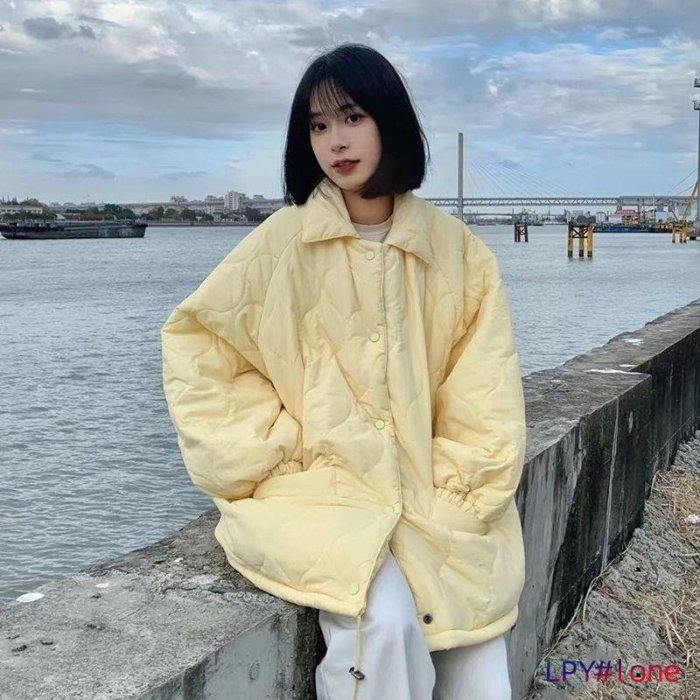奶黃色設計感菱格加絨加厚oversize面包服外套女棉衣冬季棉服棉襖