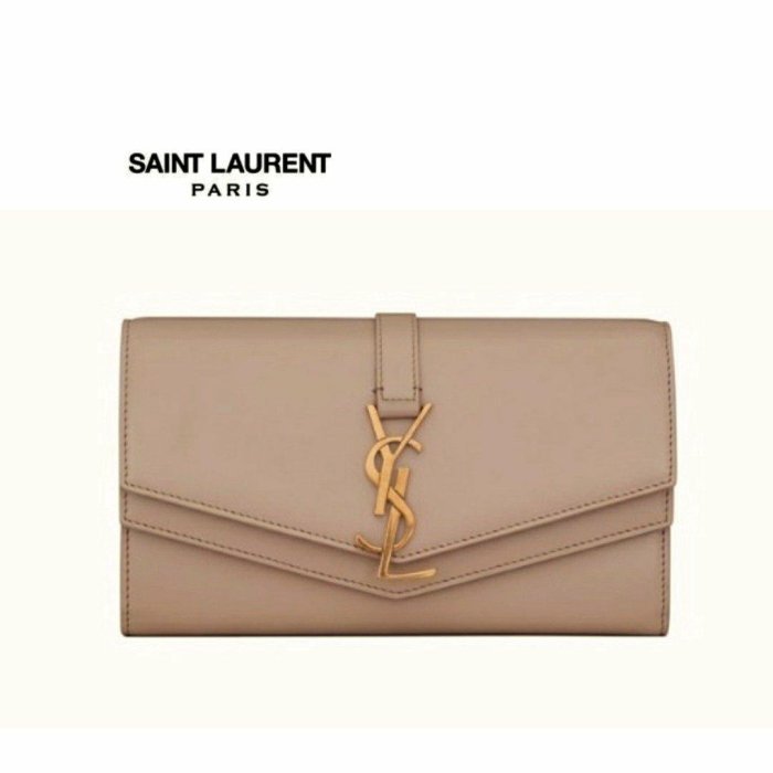 Saint Laurent Paris YSL  ( 黑色×金屬金色 / 裸粉色×金屬金色)   真皮 兩摺長夾 皮夾 錢包｜100%全新正品｜特價！