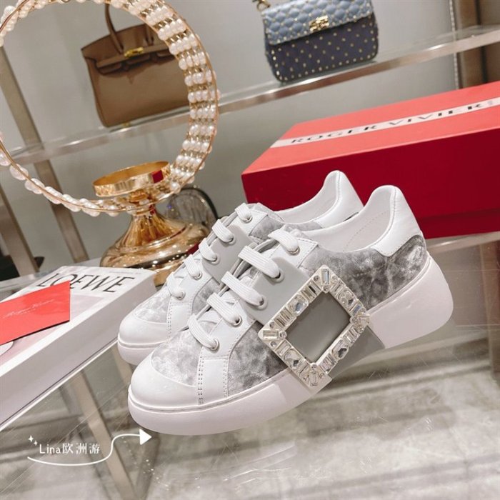 代購Roger Vivier/RV女鞋厚底鞋運動鞋印花小白鞋Viv Skate鉆扣鞋