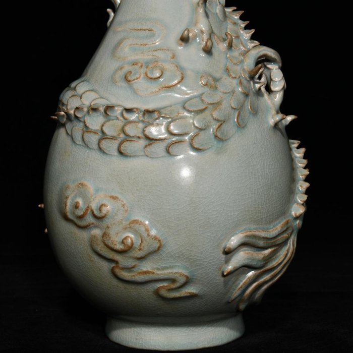 汝窯雕刻龍鳳紋玉壺春瓶，高32.5cm直徑17cm，編號14 瓷器 古瓷 古瓷器