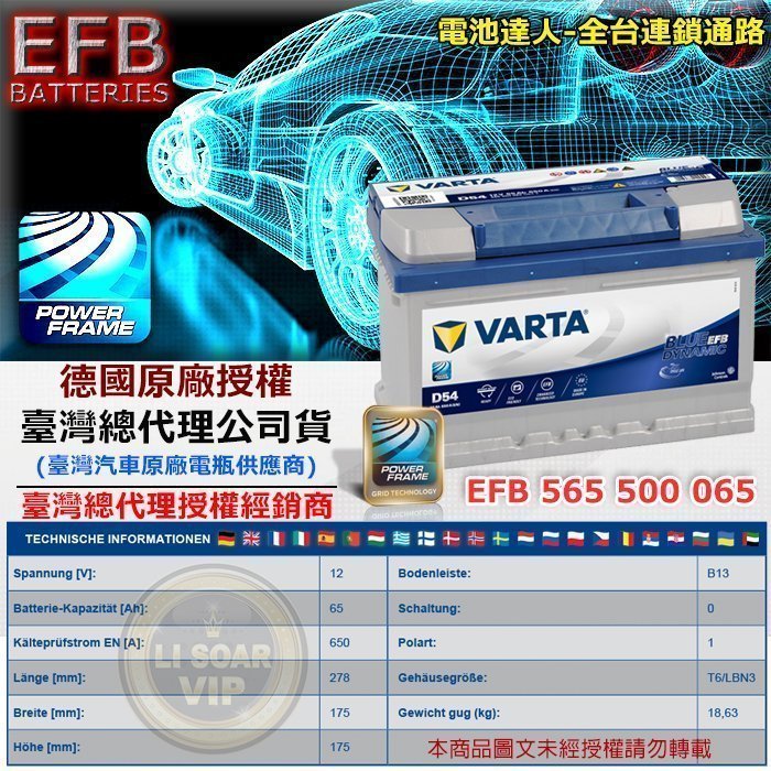 【鋐瑞電池】VARTA D54 EFB 65AH LN3 德國進口 華達 汽車電池 FOCUS KUGA 福特 原廠電瓶