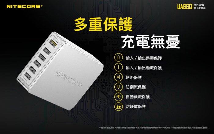 【日產旗艦】Nitecore 奈特科爾 6孔 UA66Q 電源供應器 USB 5V/2A 9V/2A 12V/1.5A