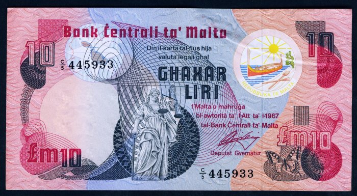 馬耳他 1979年版 10里拉 8.5成左右品相！票面有皺褶 紙幣 紀念鈔 紙鈔【悠然居】866