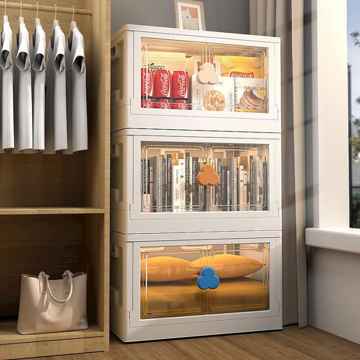 免安裝透明雙開門摺疊箱收納柜子塑料加高大容量儲物櫃衣物整 X