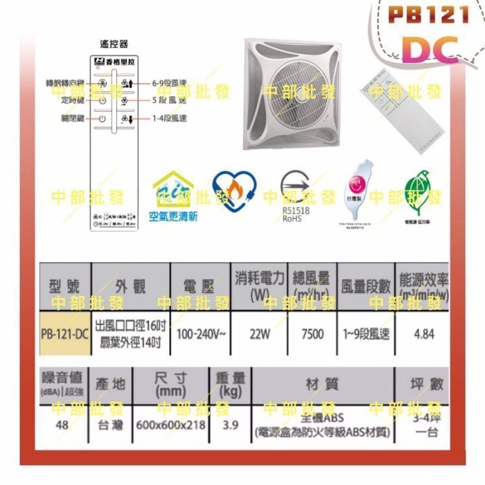 水泥天花板 免運 保固一年 節能 黑色 PB-121DC 直流馬逹 循環扇 DC直流變頻馬達 16吋 節能扇 香格里拉