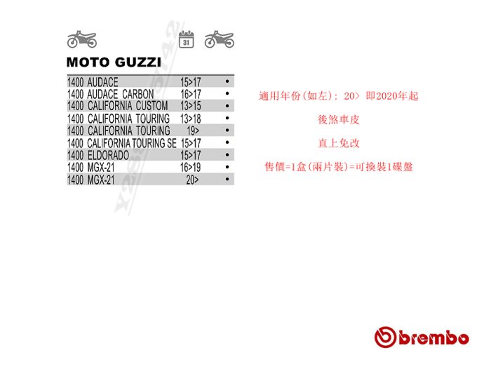 Brembo 後煞車皮 加州1400 MGX-21 Moto Guzzi 1400 後剎車片 後來令片後來另 MGX21