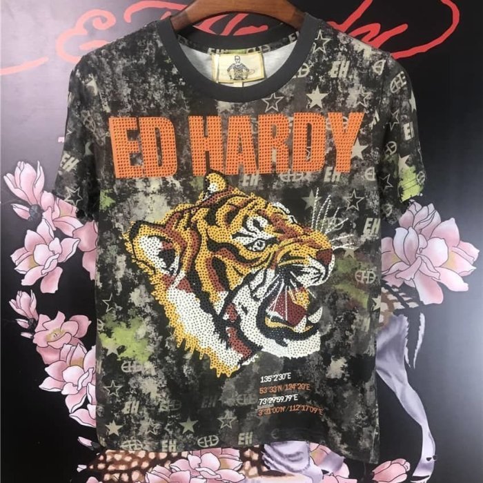 亞軒潮店 潮款現出Ed Hardy 春夏新款時尚迷彩印花老虎頭男士潮流帥氣燙鉆女短袖T恤