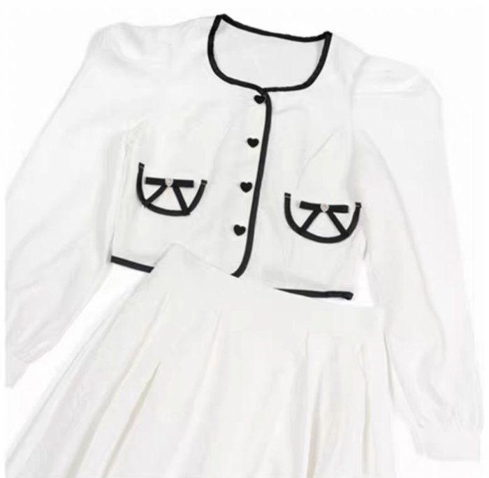PapaDarling 23SS設計師品牌 正品春季新款小香風甜美撞色蝴蝶結裙子外套長裙套裝 長袖裙裝