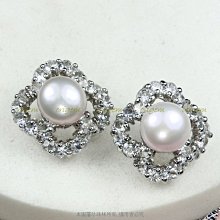 珍珠林~天然淡水珍珠菱形晶鑽針式耳環~8.5MM紫珍珠#577+1
