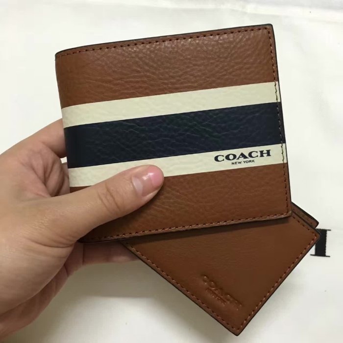 留學生like購 COACH 75086 新款男士條紋真皮短款雙折錢包 棕色 灰綠 附購買憑證