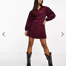 (嫻嫻屋) 英國ASOS-酒紅色燈芯絨襯衫領束口袖A字裙洋裝EJ23