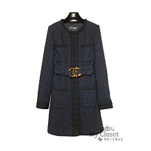 My Closet 二手名牌 Chanel 2017秋冬 經典藍黑色小格紋鑲黑邊 四口袋  大雙C腰帶 長版外套