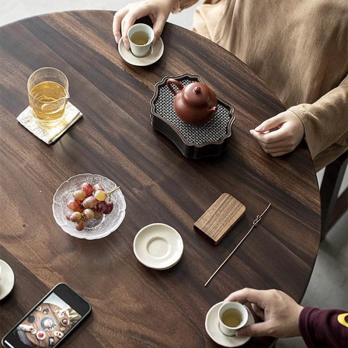 三友社 黑胡桃木圓形茶桌 新中式茶室用整套一桌四椅 茶空間擺放桌mj