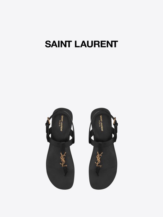 下殺 免運 精品 正品 促銷@YSL/圣羅蘭 男士CASSANDRA金色字母標志光滑皮革平底涼鞋