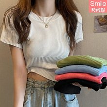 【V3765】SMILE-簡單流線．純色粗細紋理拼接修身顯瘦短袖針織衫