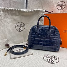 ＊金選名店＊HERMES＊Hermes Mini Bolide方塊鱷魚 午夜藍 2Z Bleu Nuit