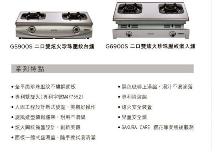 【阿貴不貴屋】櫻花牌 G6900S 雙炫火 珍珠壓紋 不鏽鋼 崁入式 瓦斯爐  崁入爐