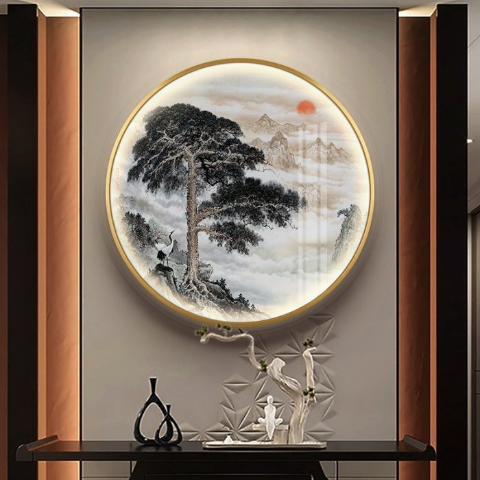 現貨：大氣山水玄關帶燈畫迎客松客廳裝飾畫新中式入戶晶瓷畫中國風掛畫