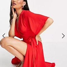 (嫻嫻屋) 英國ASOS-Liquorish優雅時尚名媛紅色交叉V領和服寬袖綁帶中長裙洋裝EH23