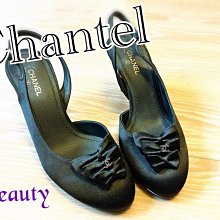 *Beauty*CHANEL黑色蝴蝶結緞面拉帶高跟鞋 37.5號 WE15-05-26-29