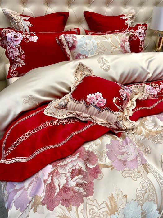 BOMIAN 婚慶高端高精密錦緞全棉四件套奢華提花刺繡高檔床上用品天秤百貨