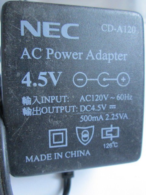 【18O4】NEC CD-A120 AC adapter /Input 120V, Output DC 4.5V, 50