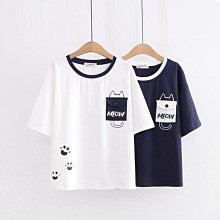 【D2760】SMILE-日系森女系口袋貓腳印短袖圓領T恤。