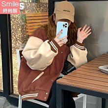 【V3925】SMILE-美式復古．素面撞色內刷毛棒球服長袖外套