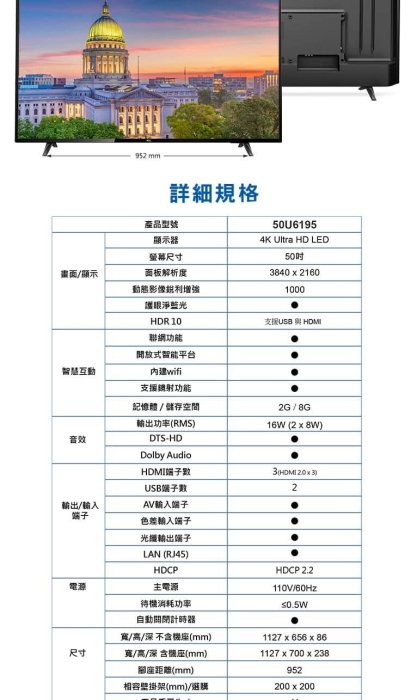 美國 AOC 50型/50吋 4K HDR智慧聯網 淨藍光 電視/顯示器+視訊盒 50U6195 附發票及保固三年