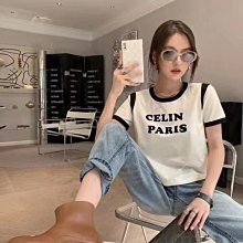 熱銷新款 CELINE 字母植絨撞色短袖T恤女夏季新款寬松上衣 明星大牌同款