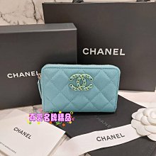 《真愛名牌精品》CHANEL AP3716 新款 19系列 Tiffany藍色 荔枝皮 ㄇ型拉鍊 零錢 短夾 *全新*代購