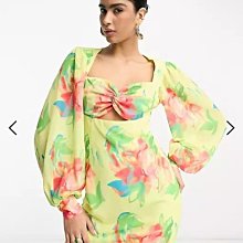 (嫻嫻屋) 英國ASOS-Pretty Lavish優雅時尚花卉印花扭結甜心領氣球袖黃色洋裝禮服 EE23