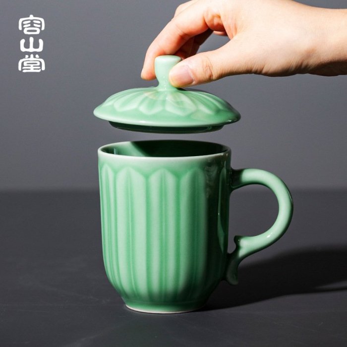 現貨龍泉青瓷浮雕蓮花陶瓷辦公杯綠茶泡茶杯馬克杯水杯個人杯